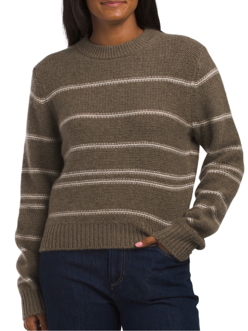White + Warren Textured Stripe Crew neck Cashmere Sweater NWT